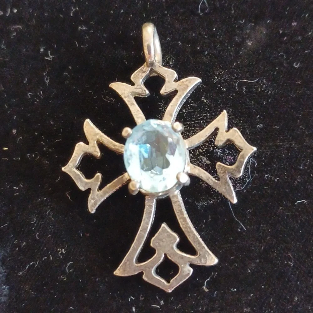 Blue Topaz silvertone cross pendant, Victorian style, vintage.